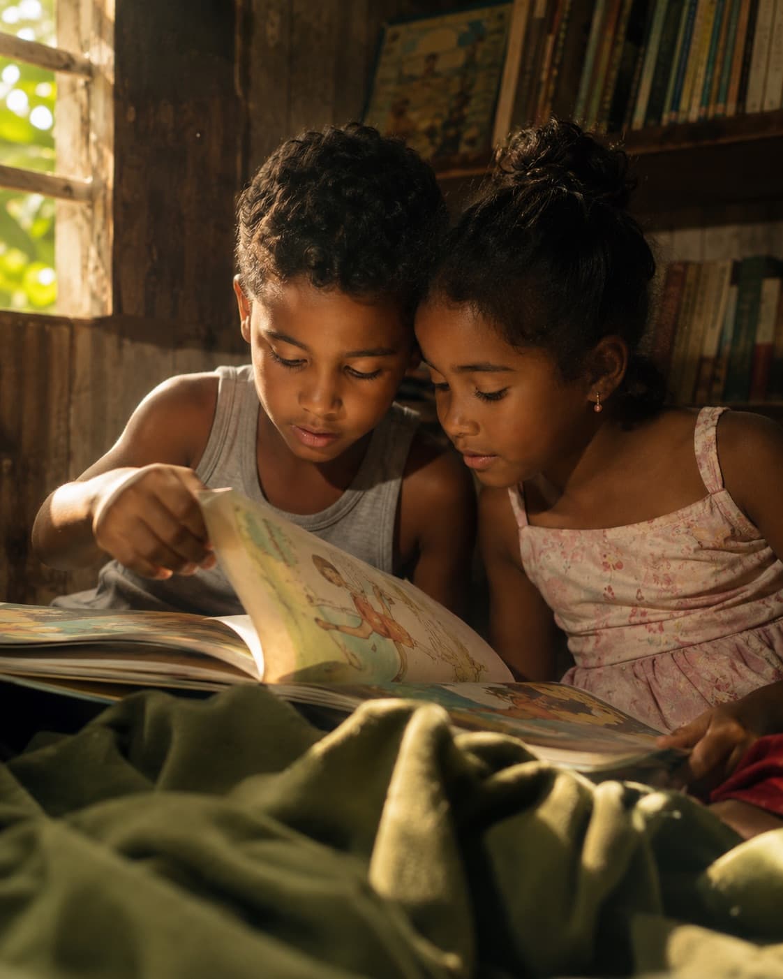 Niños dominicanos leyendo un libro ilustrado