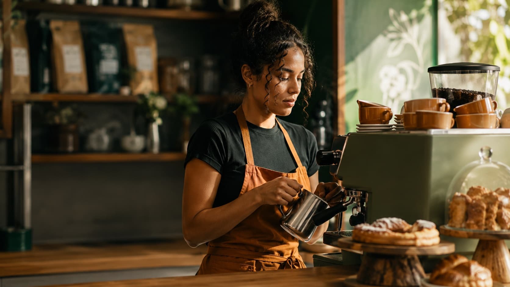 Emprendedora preparando café en su cafetería