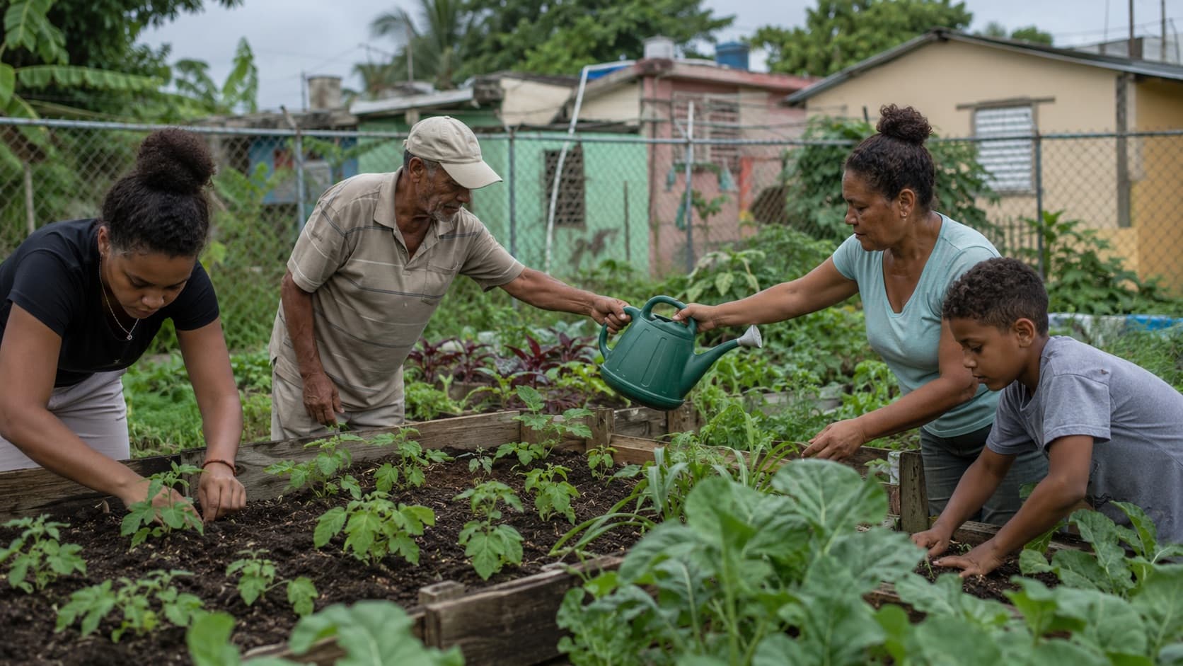 Vecinos trabajando juntos en un huerto comunitario